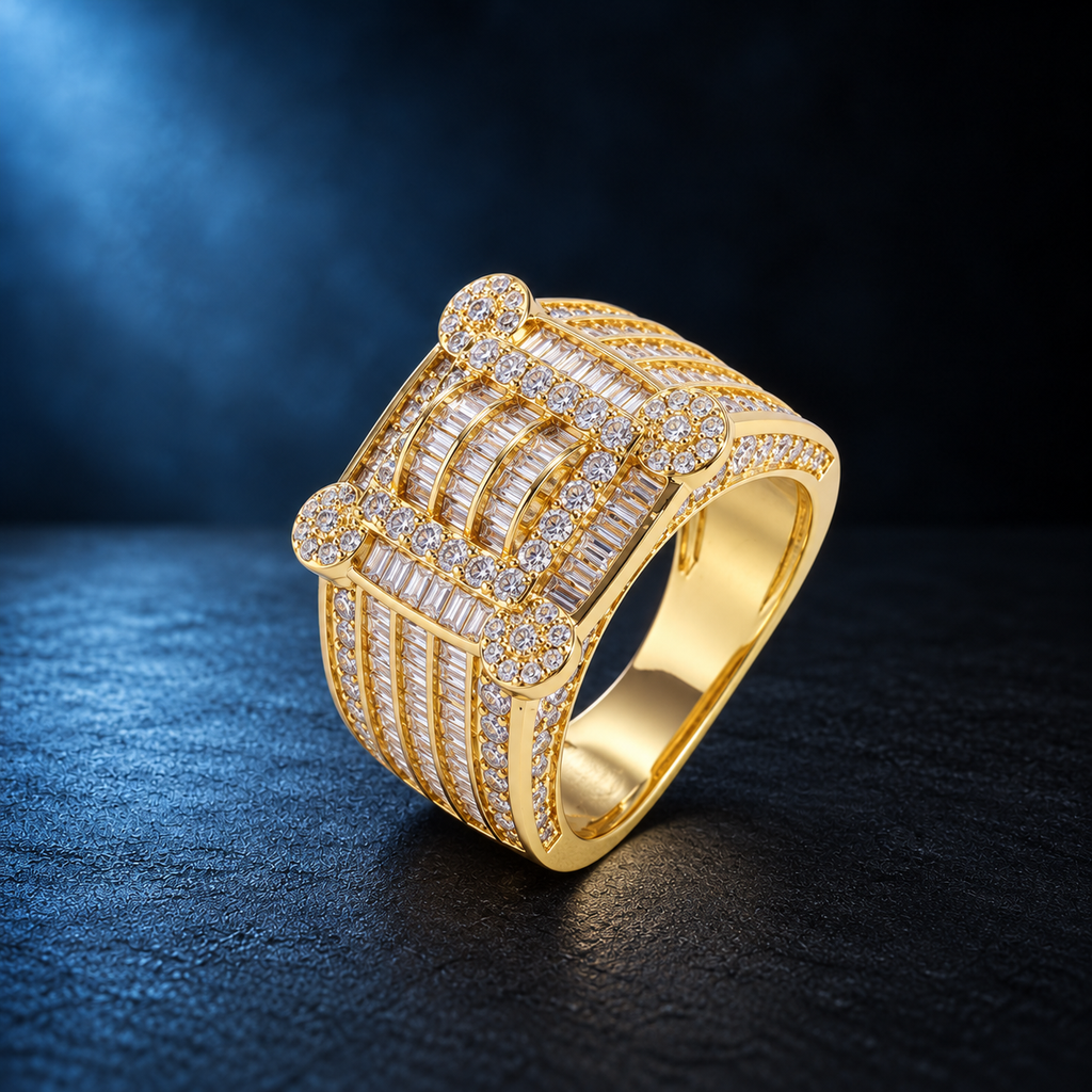 9021 |J| Gold-Plated Brass Iced Out CZ Baguette Square Ring