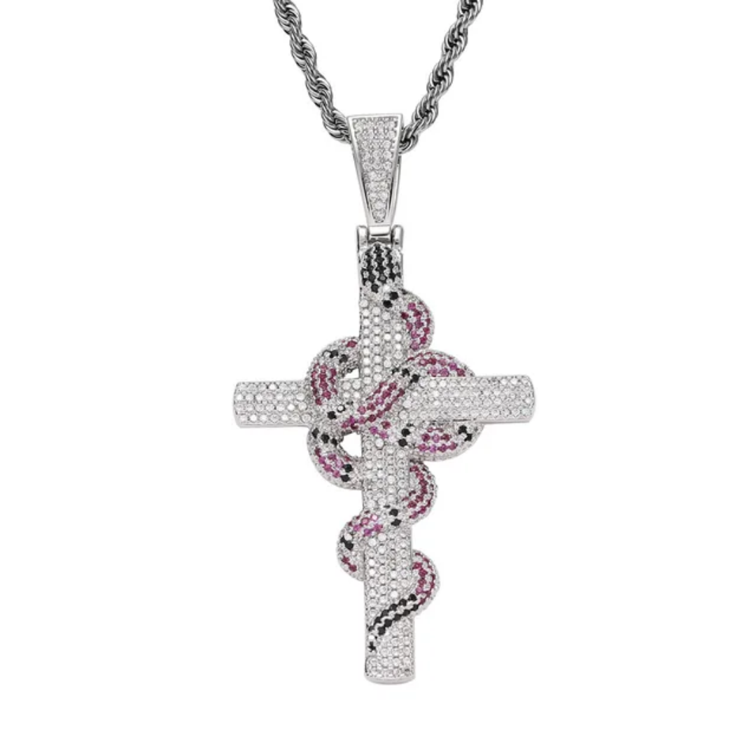 1096 Pink Snake Cross CZ Pendant – Silver-Plated Brass