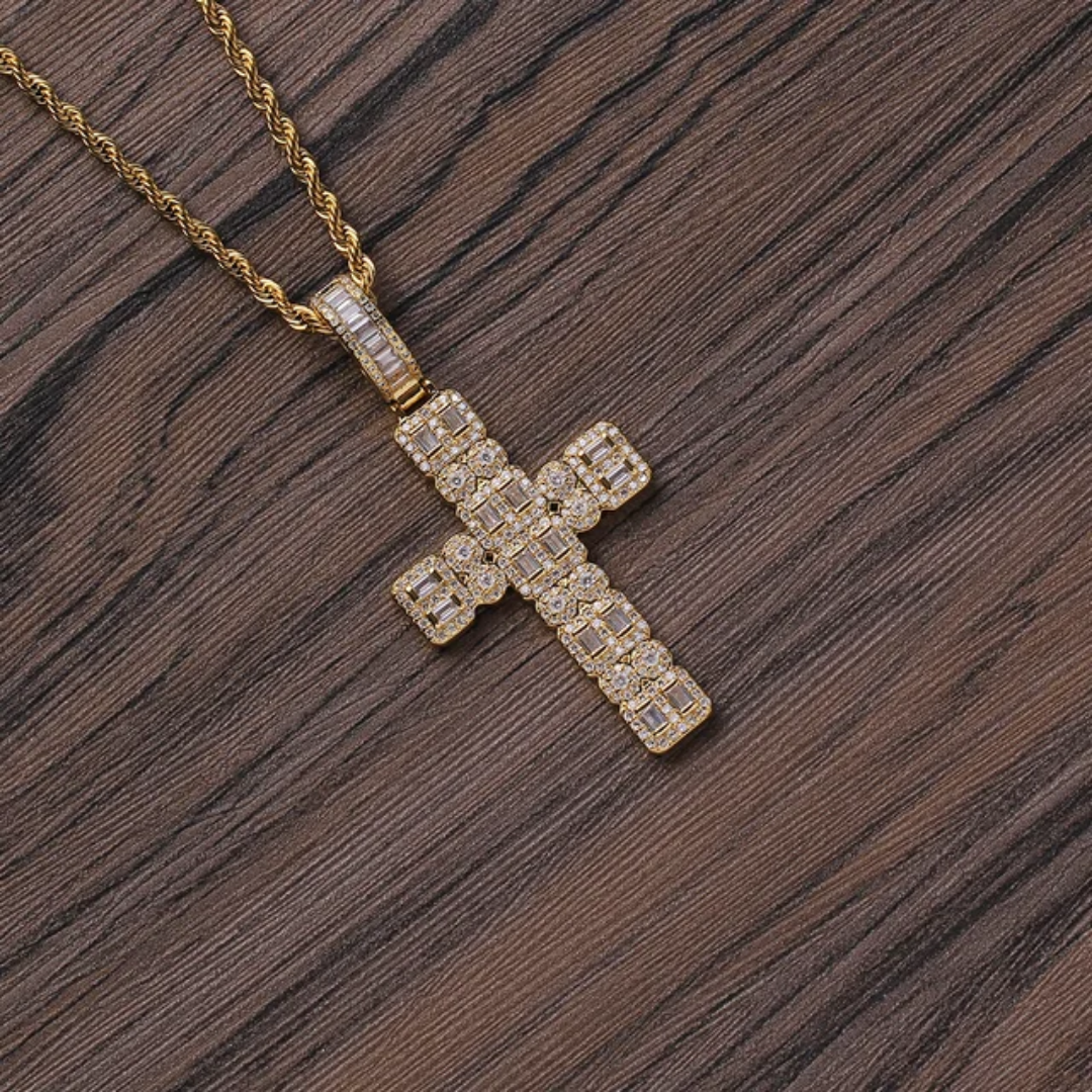 1097 Gold-Plated CZ Cross Pendant, Unisex