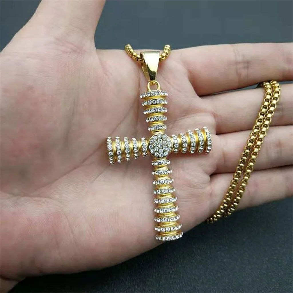 1087 Gold-Plated Stainless Steel Iced Cross Pendant with Rhinestones – Unisex