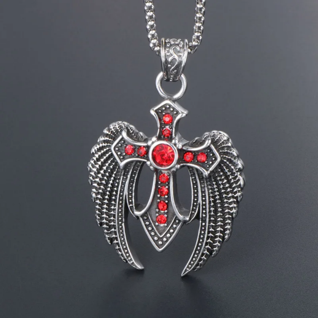 1064 Angel Wings Cross Rhinestone Pendant – Stainless Steel