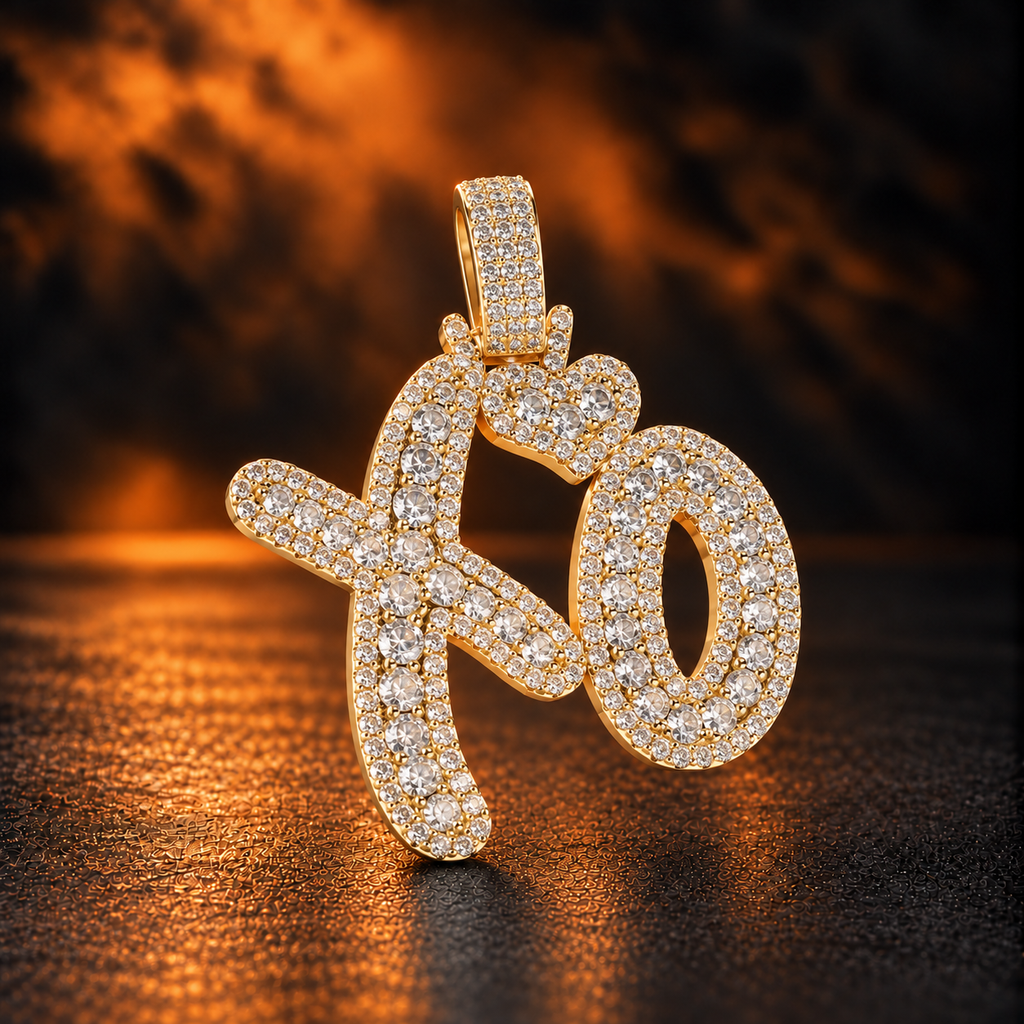 1169 |O| Gold-Plated Brass Iced Out CZ Crown XO Letter Pendant