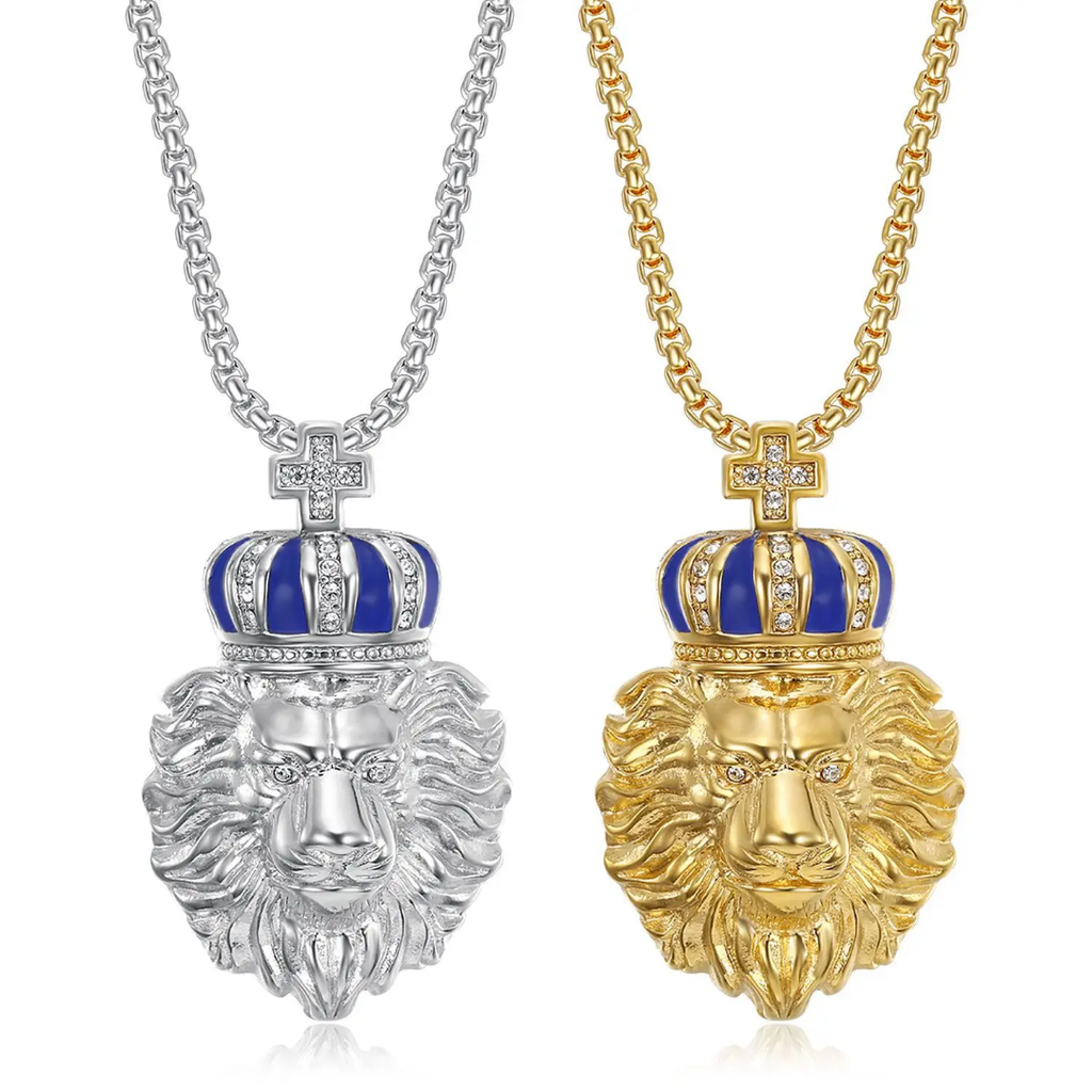 1020 Crowned Lion Head Rhinestone Pendant – Silver Tone Stainless Steel