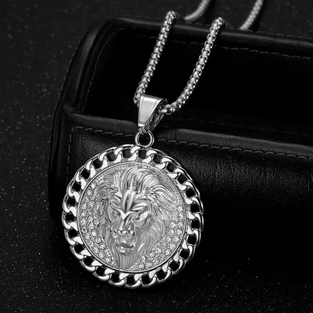 1066 Lion Head Rhinestone Pendant – Silver-Tone Stainless Steel
