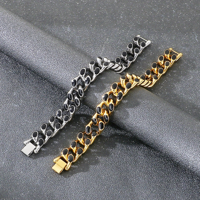 2019 |M| 316 Stainless Steel Silver-Tone Heavy Cuban Chain Bracelet with Black Enamel | 8.5 in