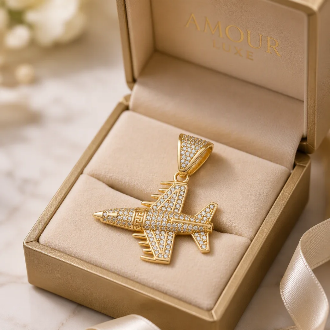 1139 |O| Brass Iced Out Clear CZ Fighter Jet Airplane Pendant | Gold-Plated