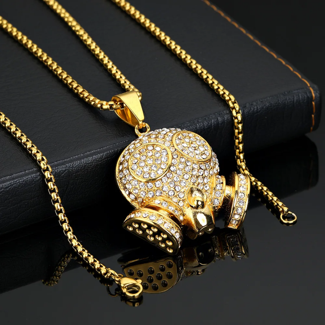1111 Gold-Plated Stainless Steel Iced Gas Mask Skull Pendant