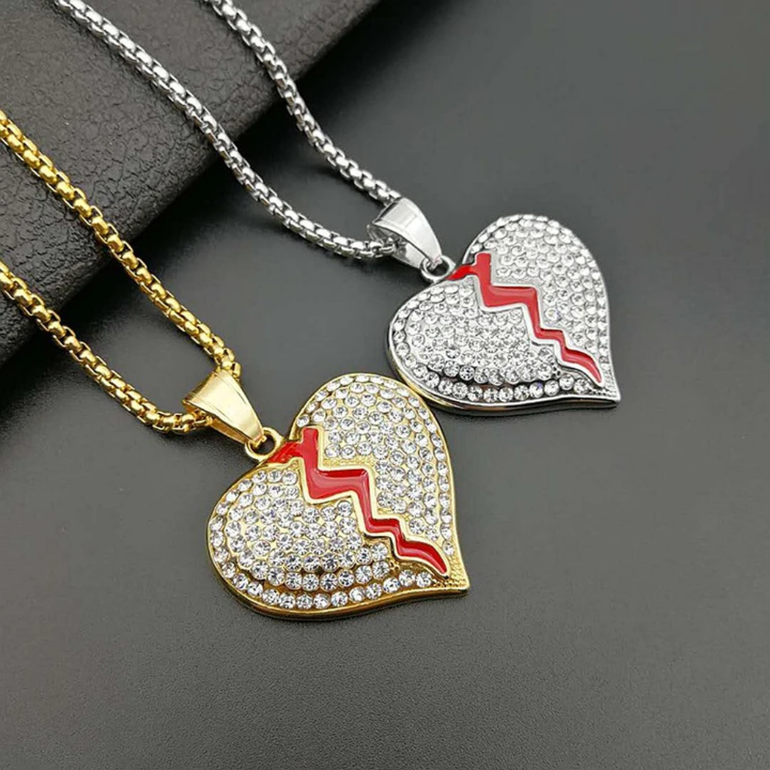 1038 HQ Iced Broken Heart Rhinestone Pendant – Silver-Plated Stainless Steel