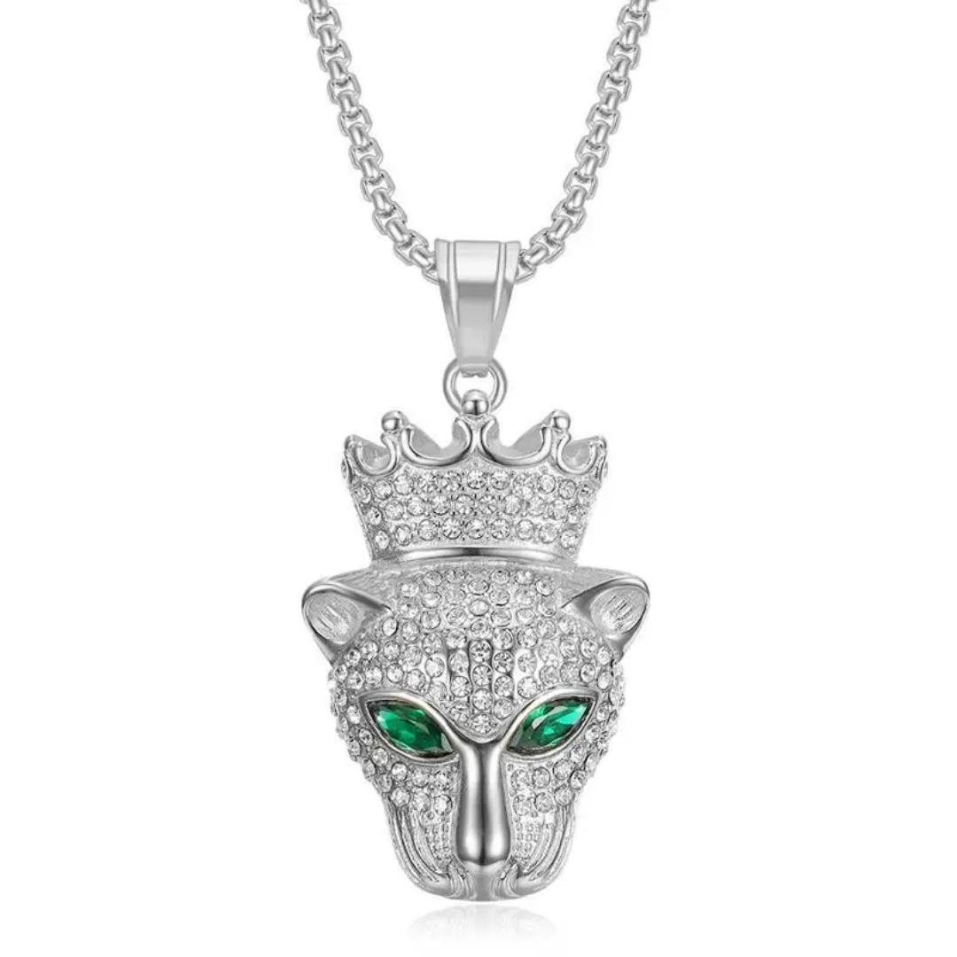 1027 Iced Crowned Leopard Head Pendant – Silver Plated Stainless Steel