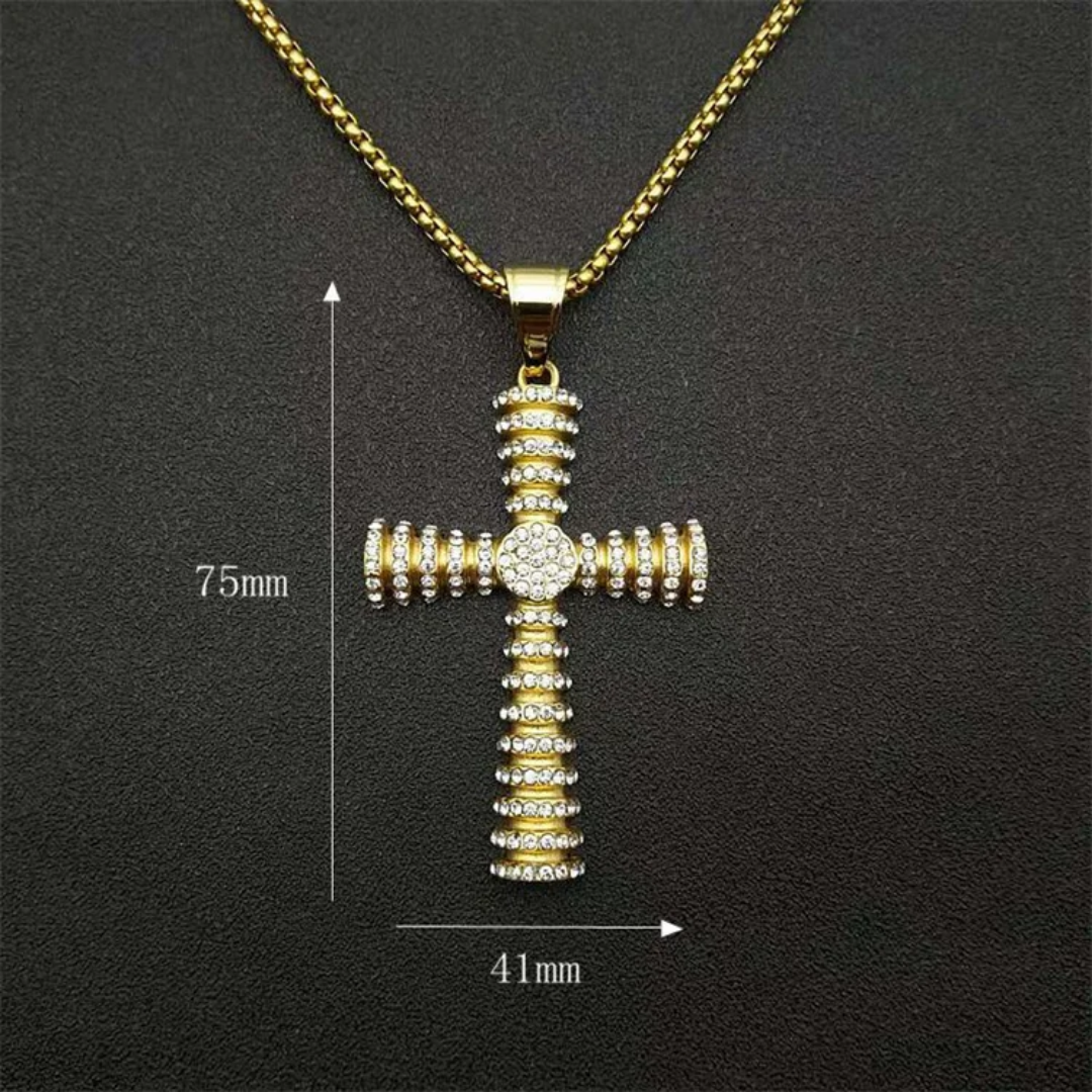 1087 Gold-Plated Stainless Steel Iced Cross Pendant with Rhinestones – Unisex