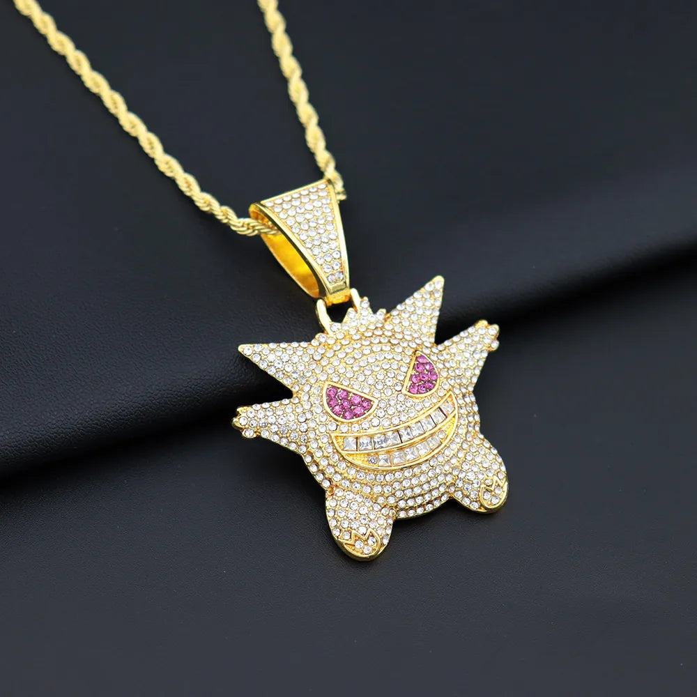 1091 Iced Grinning Monster Pendant – Gold-Tone Alloy, Rhinestones
