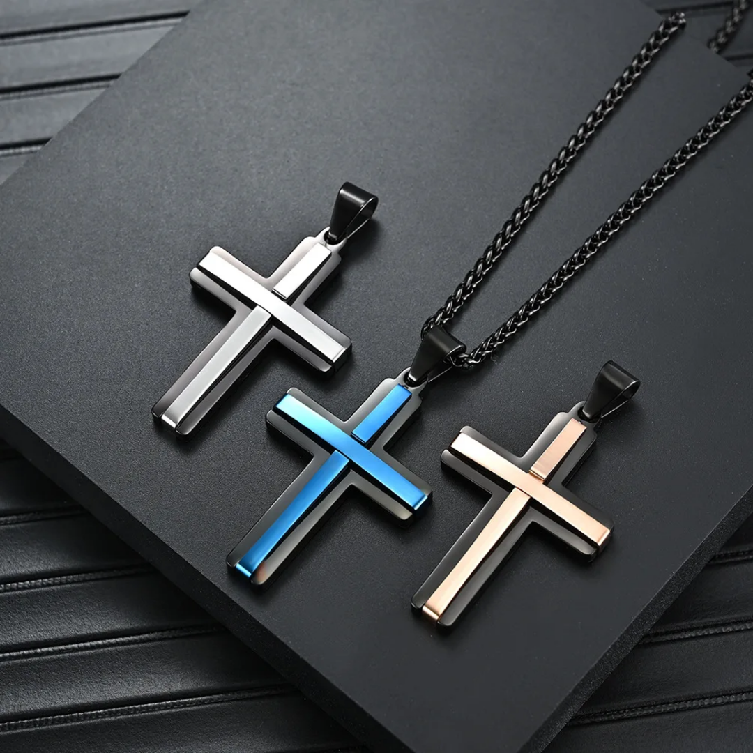 1077 Double-Layer Cross Pendant – Black & Blue Stainless Steel