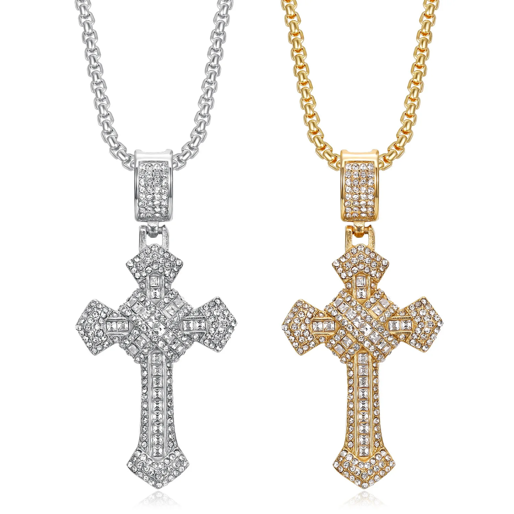 1089 Iced Cross Pendant – Stainless Steel, Rhinestones – Silver