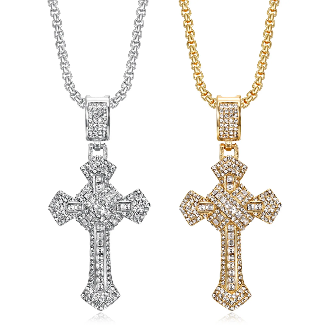 1089 Iced Cross Pendant – Stainless Steel, Rhinestones – Silver