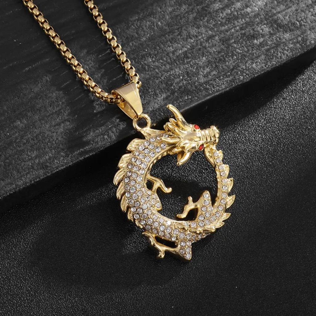 1021 Iced Dragon Pendant – Gold Plated Stainless Steel