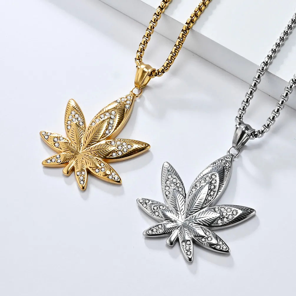 1129 Silver Stainless Steel Iced Out Maple Leaf Pendant