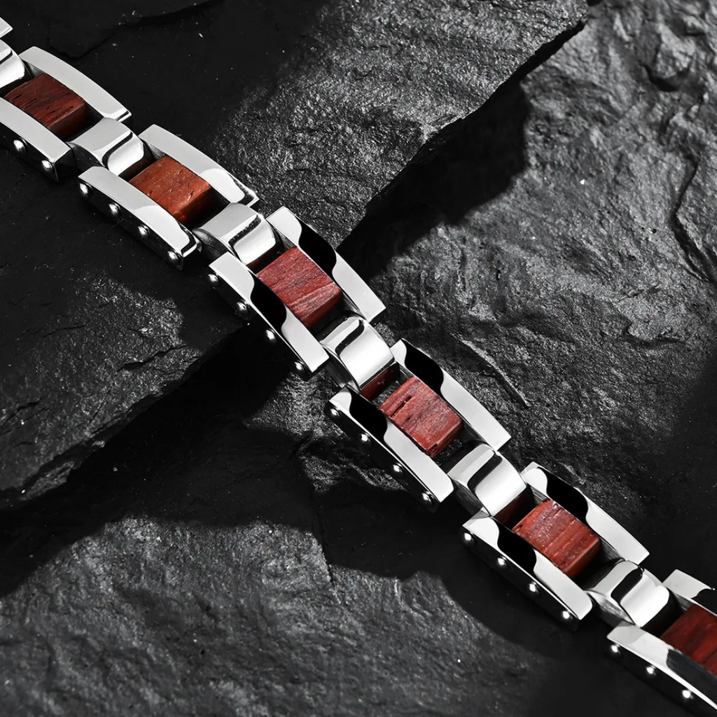 2008 |M| Stainless Steel Bracelet with Wood Inlay 8.5 in