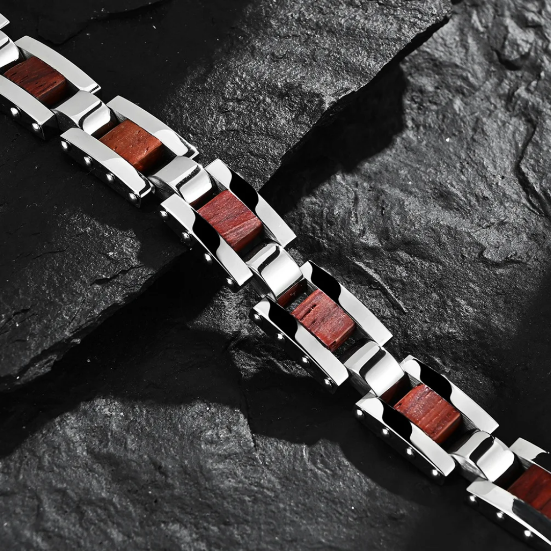 2008 |M| Stainless Steel Bracelet with Wood Inlay 8.5 in