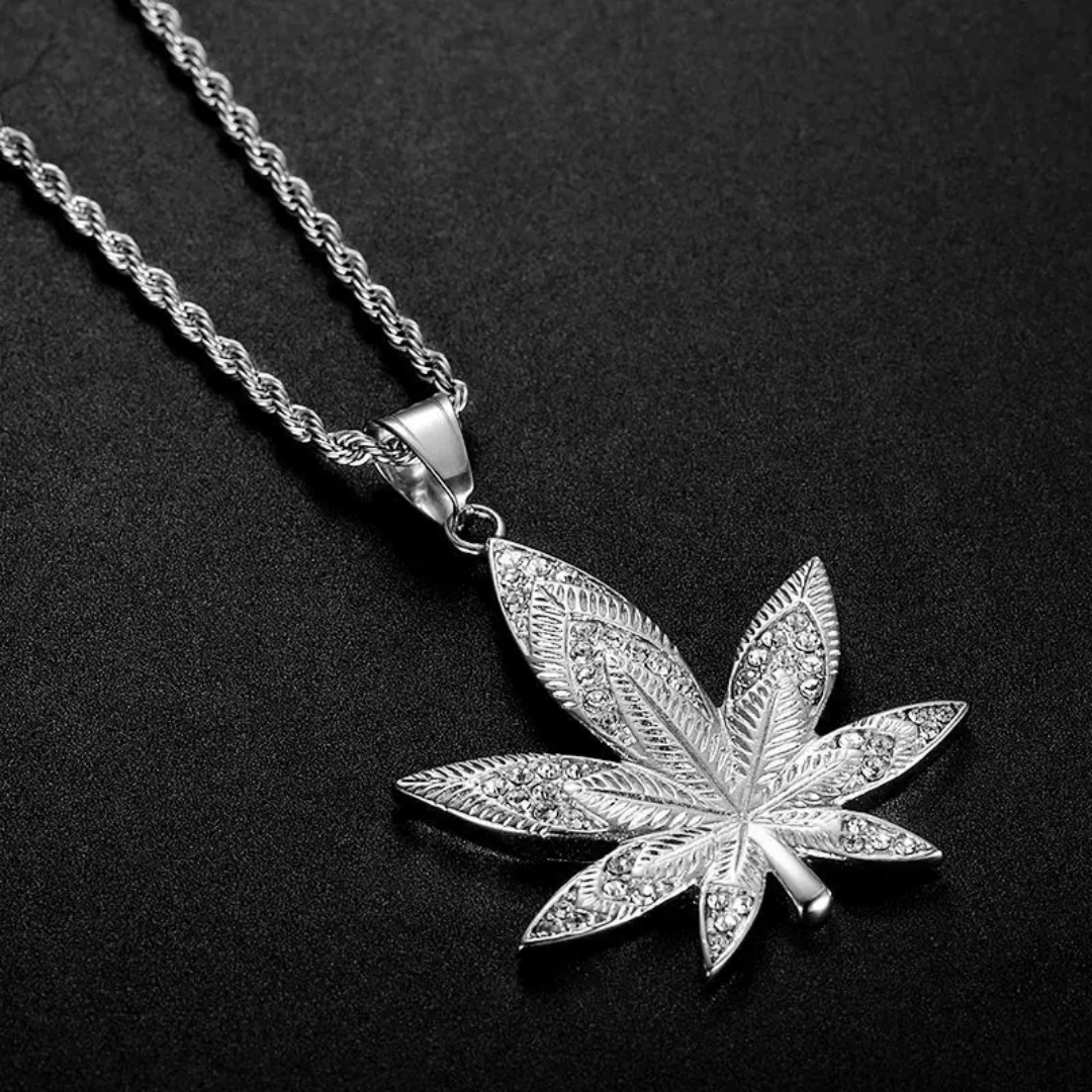 1081 Iced Leaf Rhinestone Pendant – Silver-Plated Stainless Steel