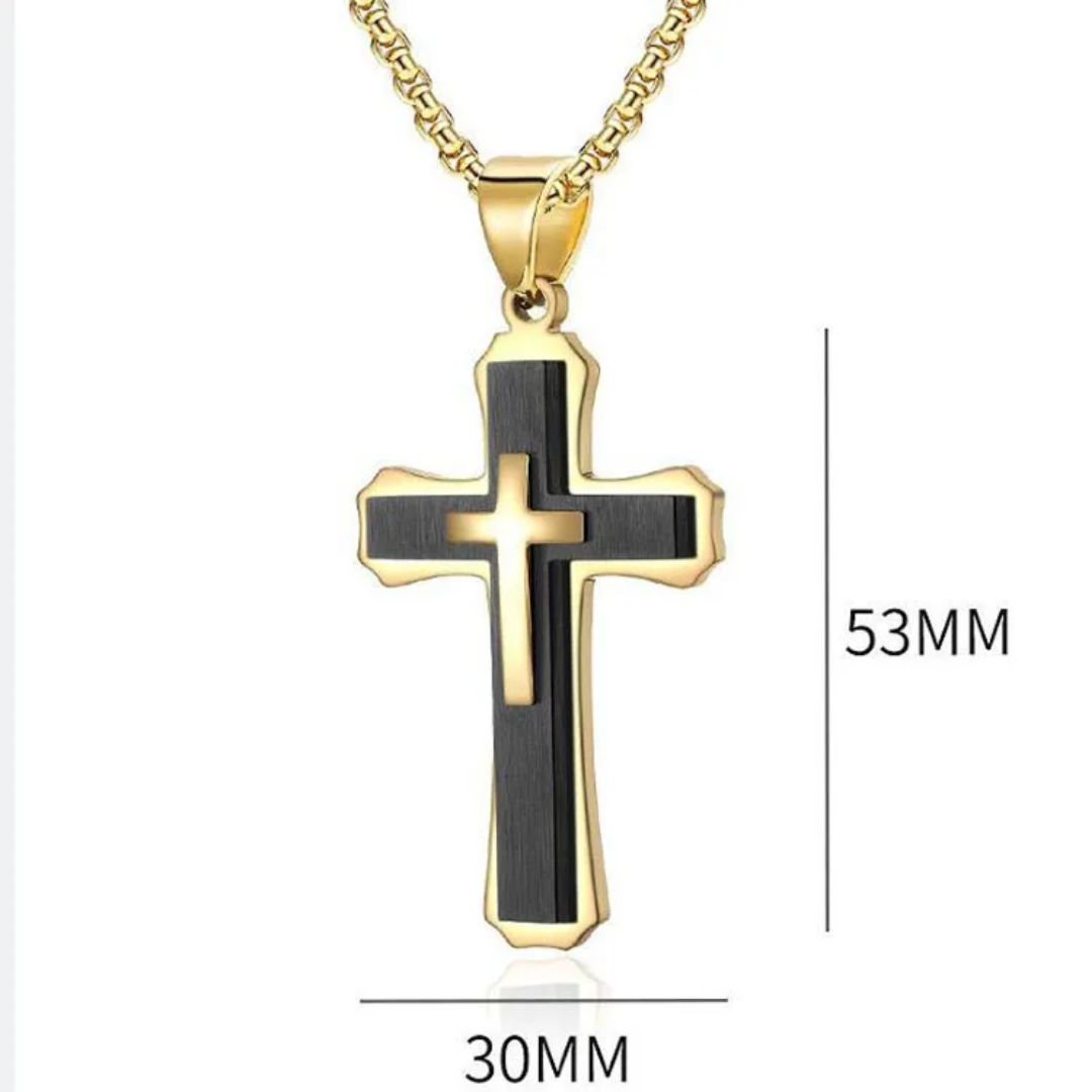 1115 Black & Silver Stainless Steel Three-Layer Cross Pendant