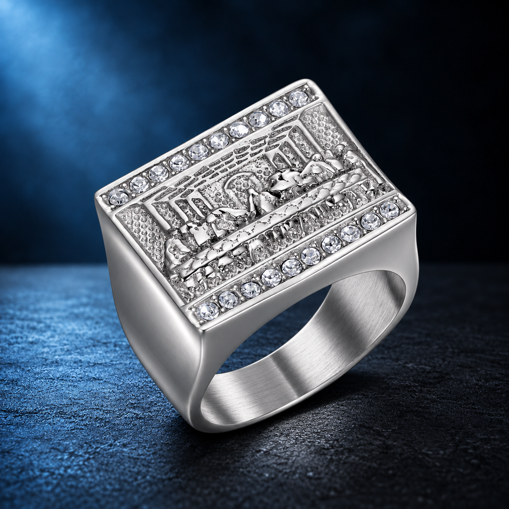 9016 |J| Silver-Plated Stainless Steel Iced The Last Supper Signet Ring