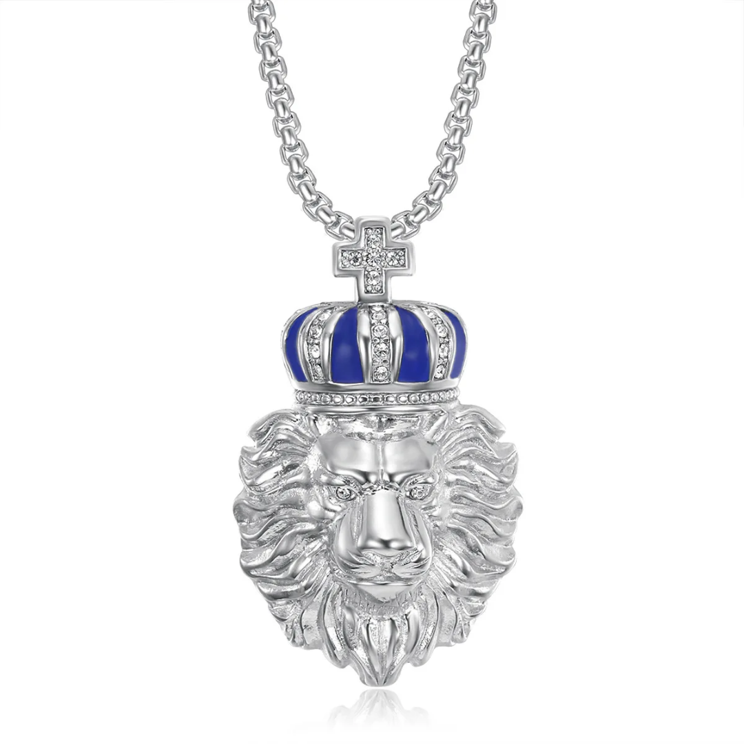 1020 Crowned Lion Head Rhinestone Pendant – Silver Tone Stainless Steel