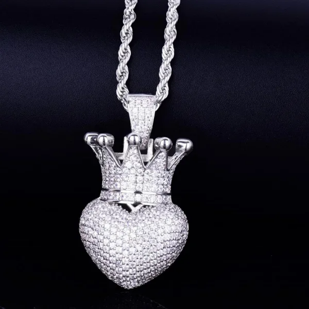 1135 |O| Silver-Plated Brass Iced Out 4A+ CZ Crowned Heart Pendant