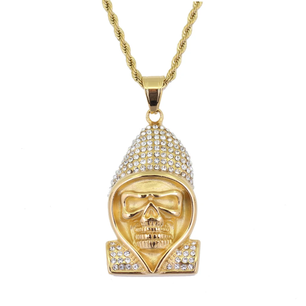 1024 HQ Iced Hooded Skull Rhinestone Pendant – 18K Gold Plated Stainless Steel