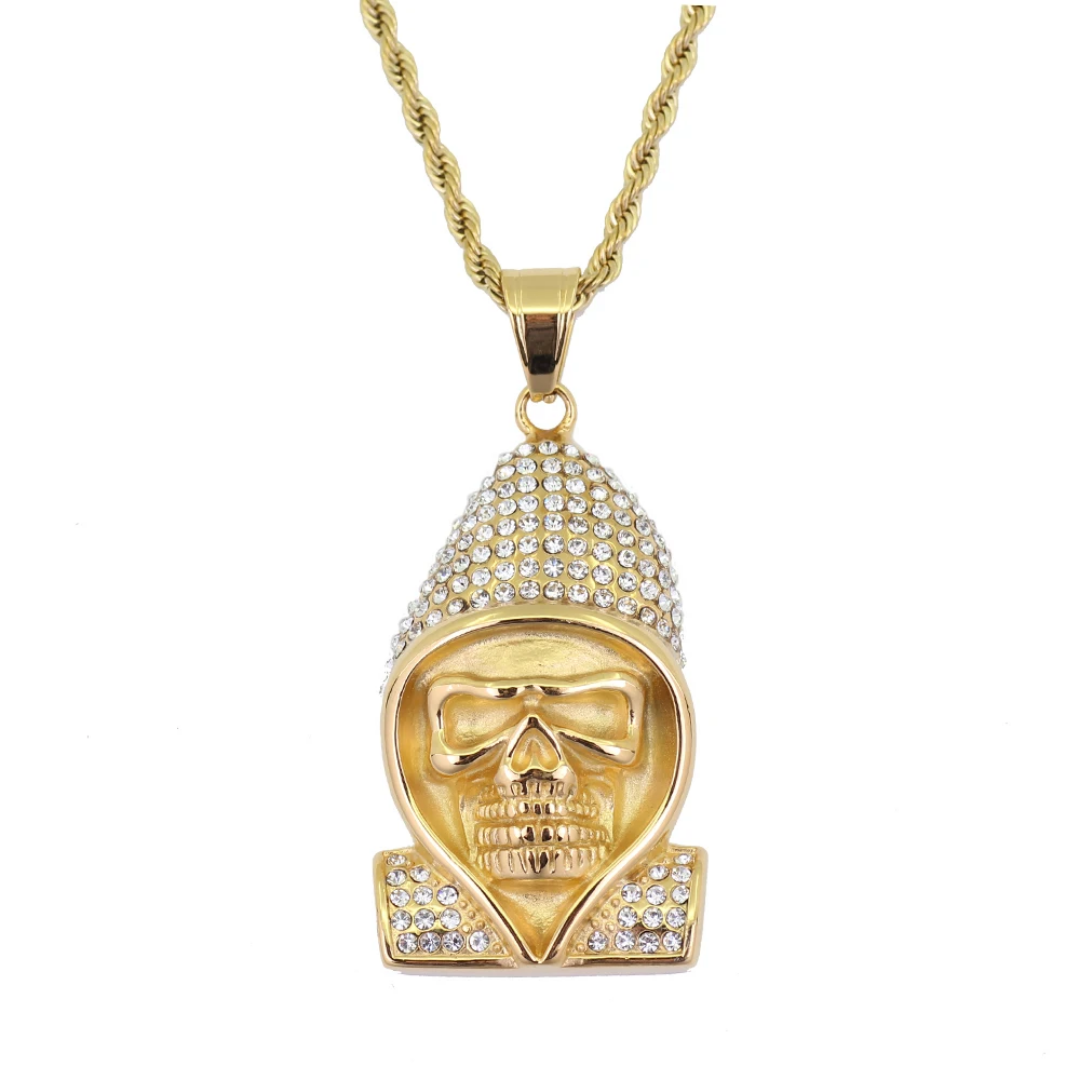 1024 HQ Iced Hooded Skull Rhinestone Pendant – 18K Gold Plated Stainless Steel