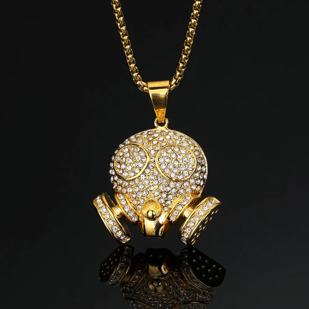 1111 Gold-Plated Stainless Steel Iced Gas Mask Skull Pendant