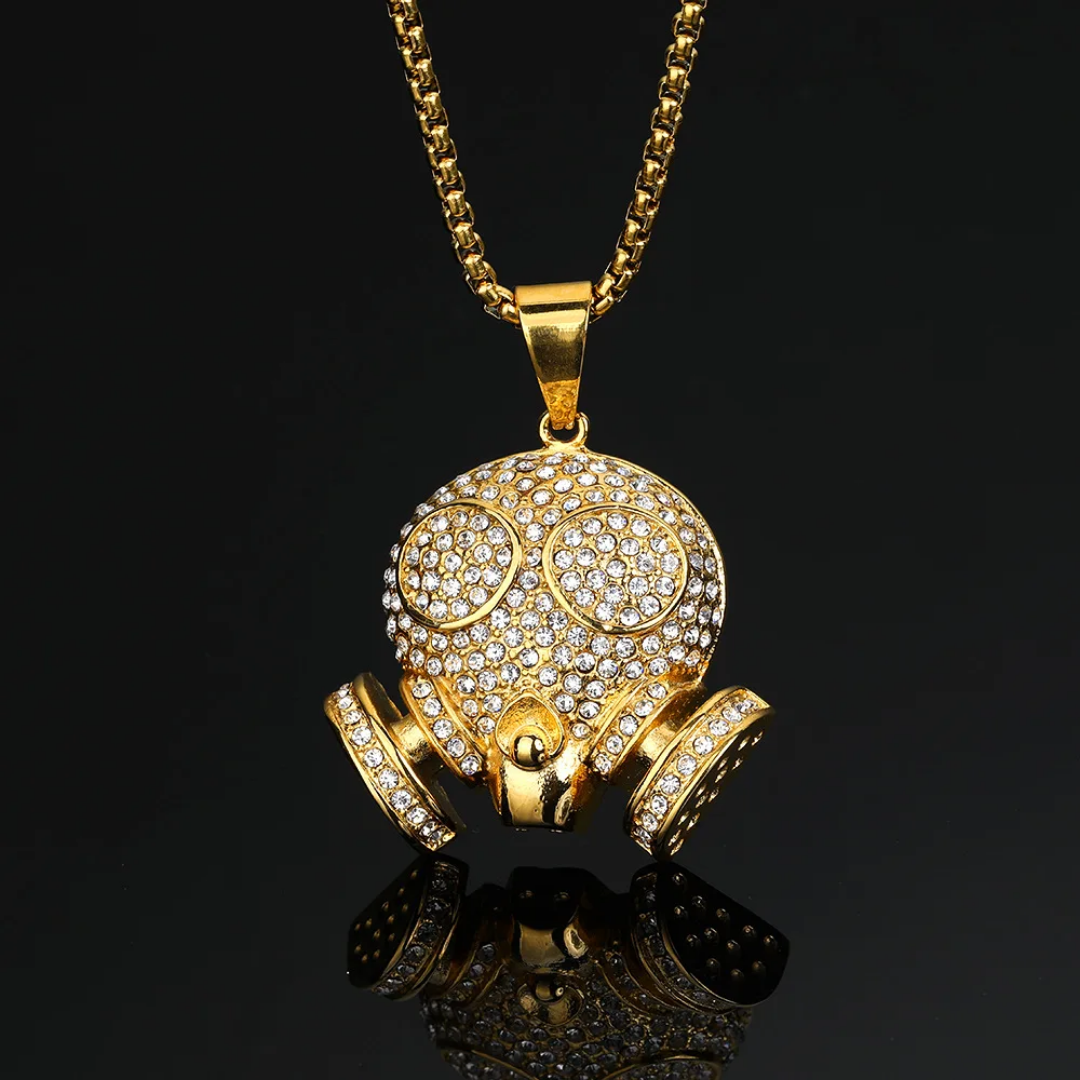 1111 Gold-Plated Stainless Steel Iced Gas Mask Skull Pendant