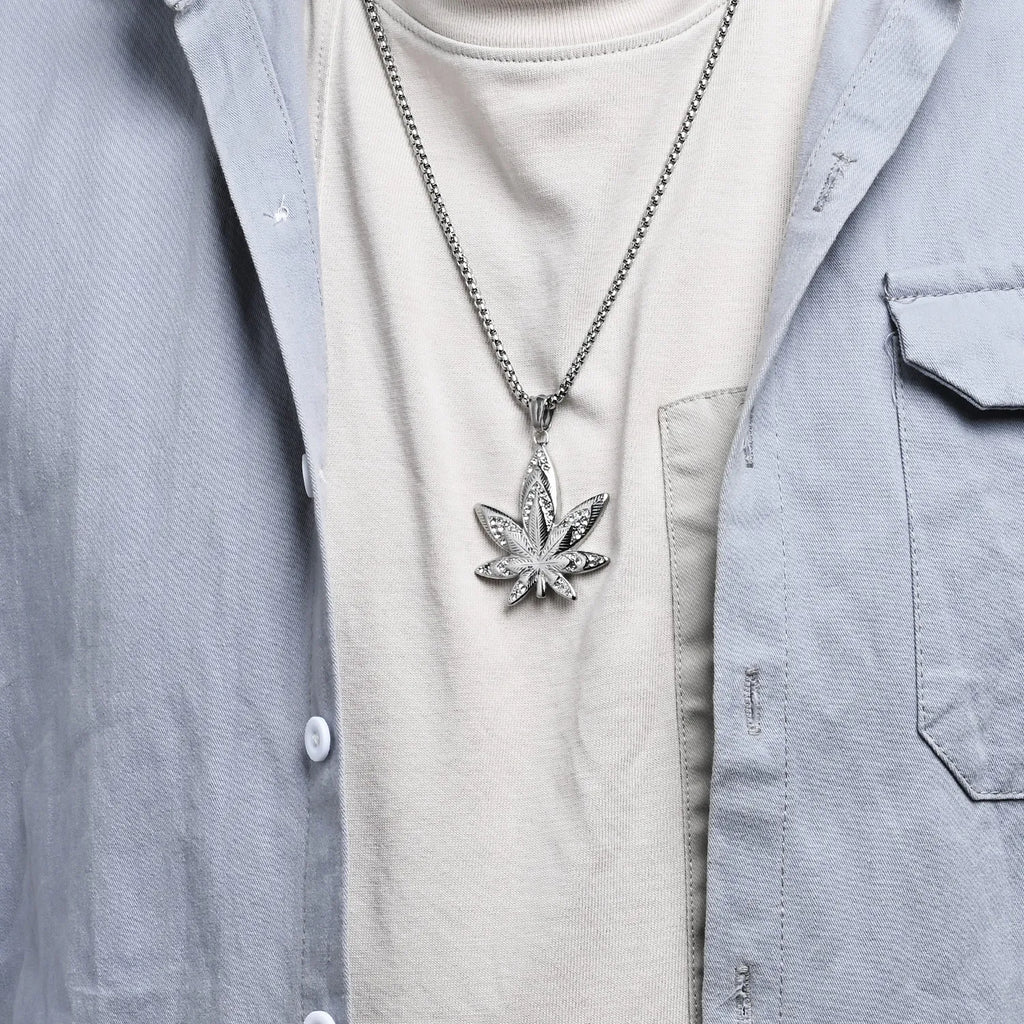 1129 Silver Stainless Steel Iced Out Maple Leaf Pendant