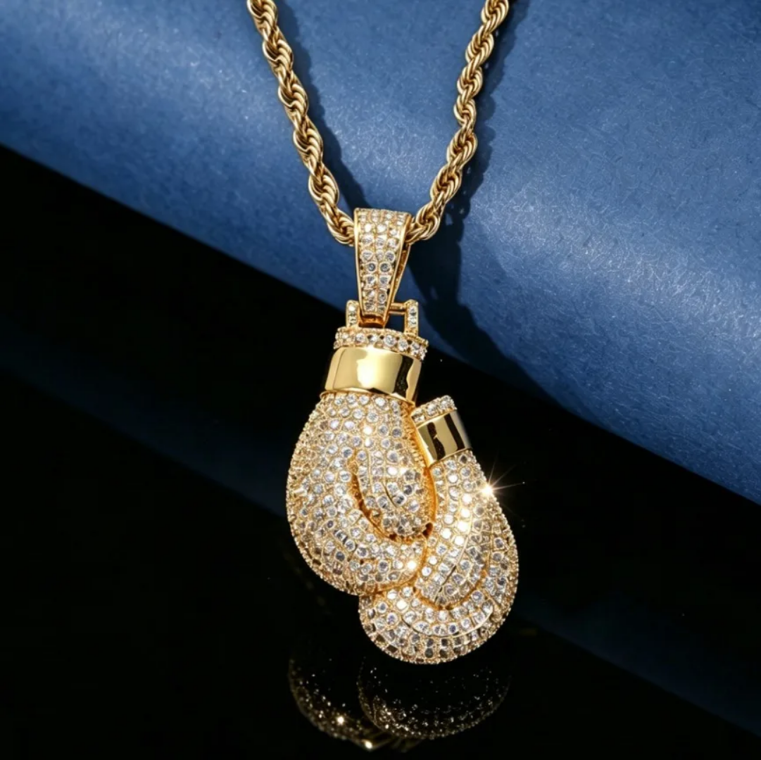 1055 Iced Boxing Gloves CZ Pendant – Gold-Plated Brass