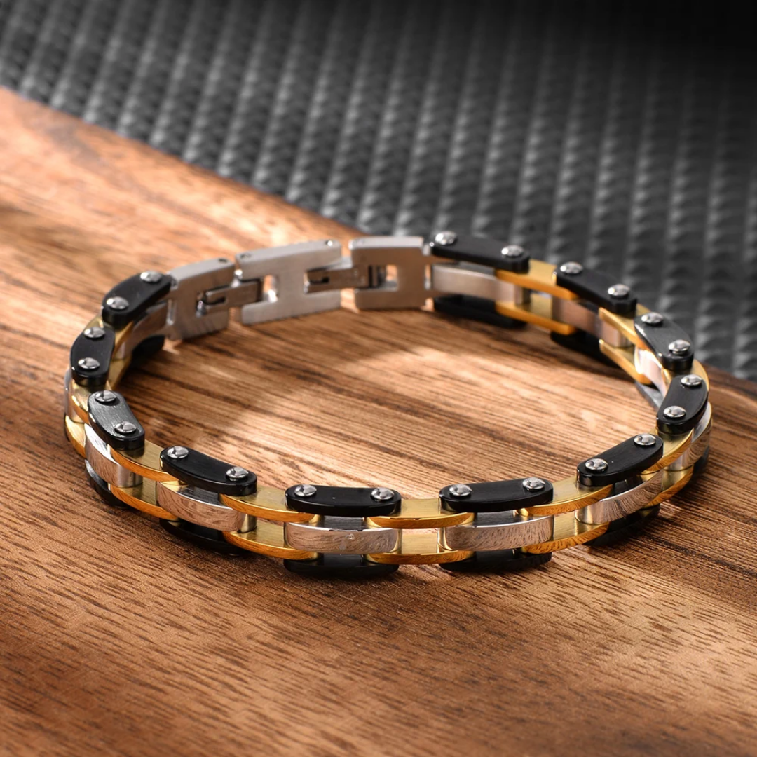 2010 |M| 316 Stainless Steel Three-Tone Geometric Link Bracelet | 8.5 in