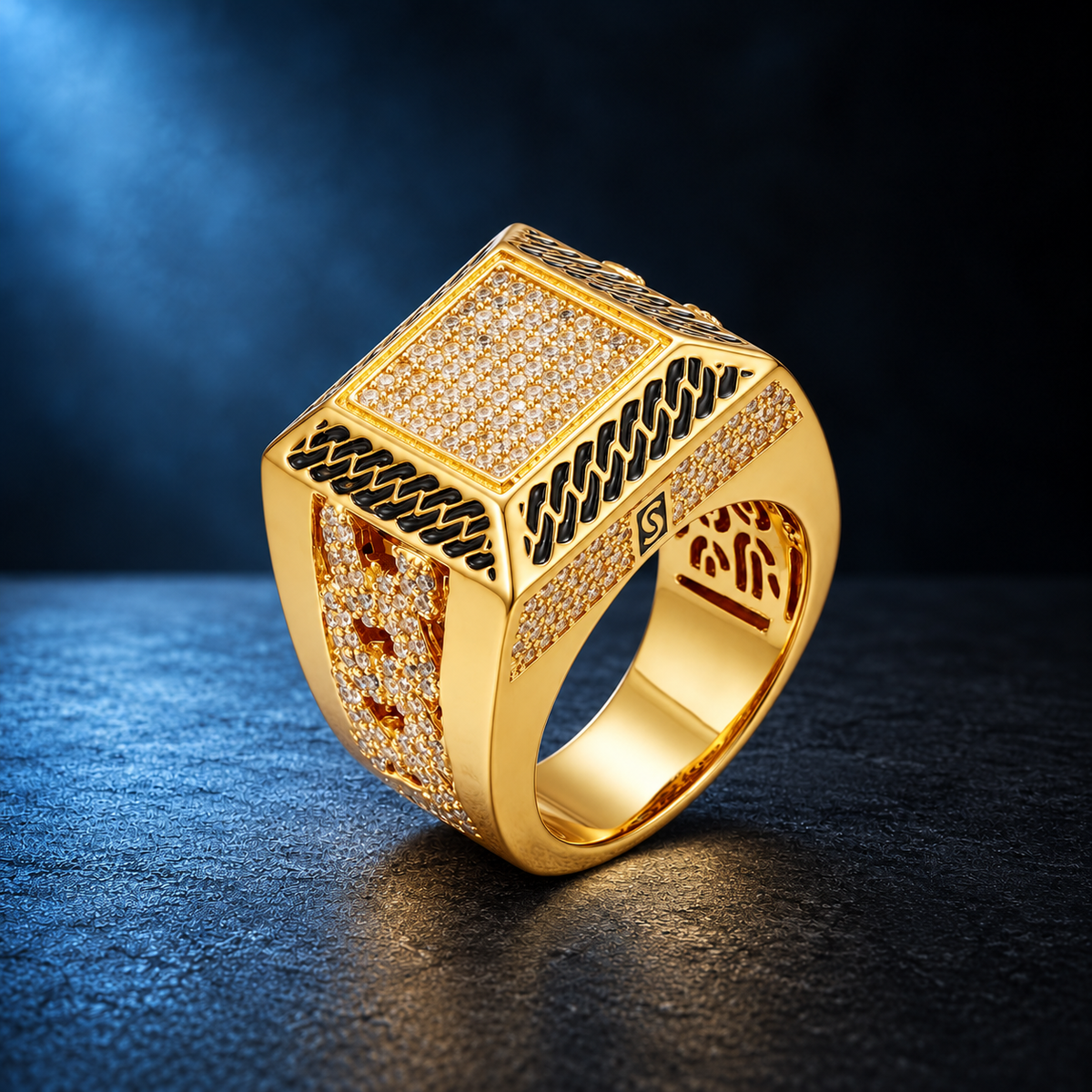 9019 |J| 18K Gold-Plated Stainless Steel Iced CZ Cuban Link Signet Ring