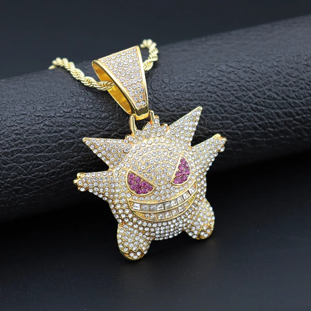 1091 Iced Grinning Monster Pendant – Gold-Tone Alloy, Rhinestones