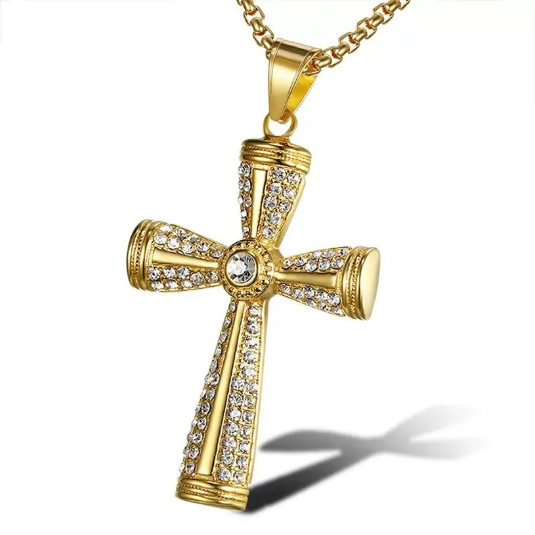 1086 Gold-Plated Stainless Steel Cross Pendant with Rhinestones – Unisex