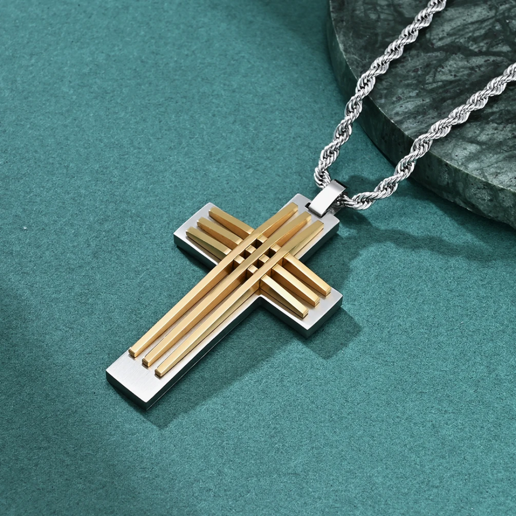 1053 Stainless Steel Curved Cross Pendant – Steel & Gold