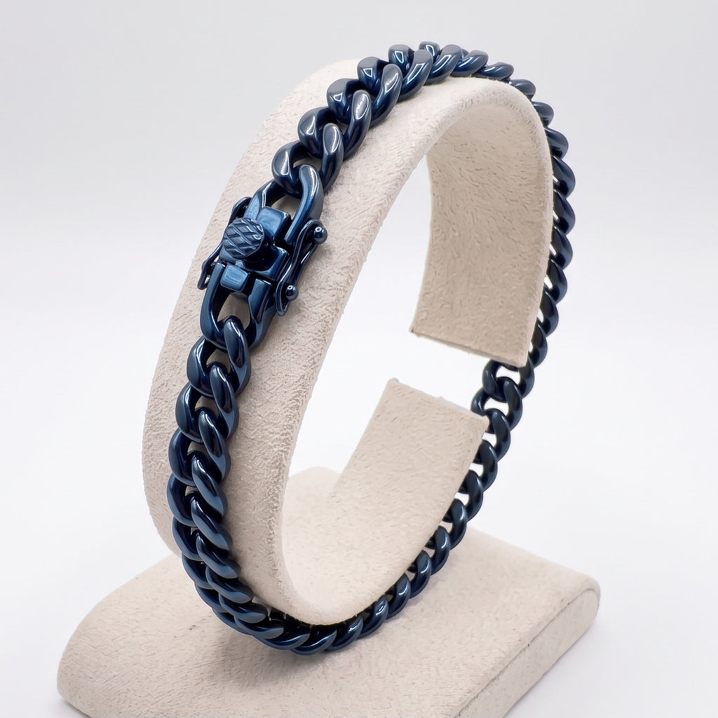 2028 |L| Blue Plated Stainless Steel Matte Cuban Link Bracelet | 8 in