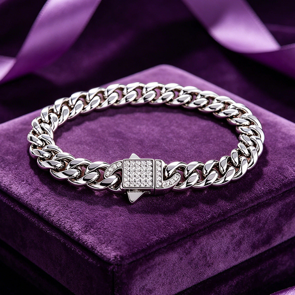 2006 |H| 316 Stainless Steel Cuban Chain Bracelet with Clear CZ Stones