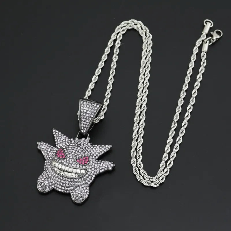 1093 Iced Grinning Monster Pendant – Purple Alloy, Rhinestones