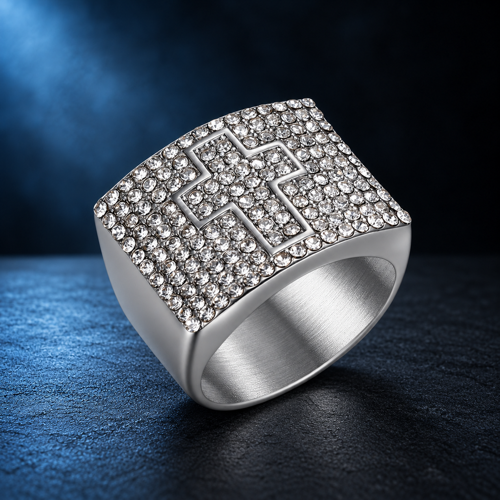 9018 |J| Silver-Plated Stainless Steel Iced Rectangular Cross Ring