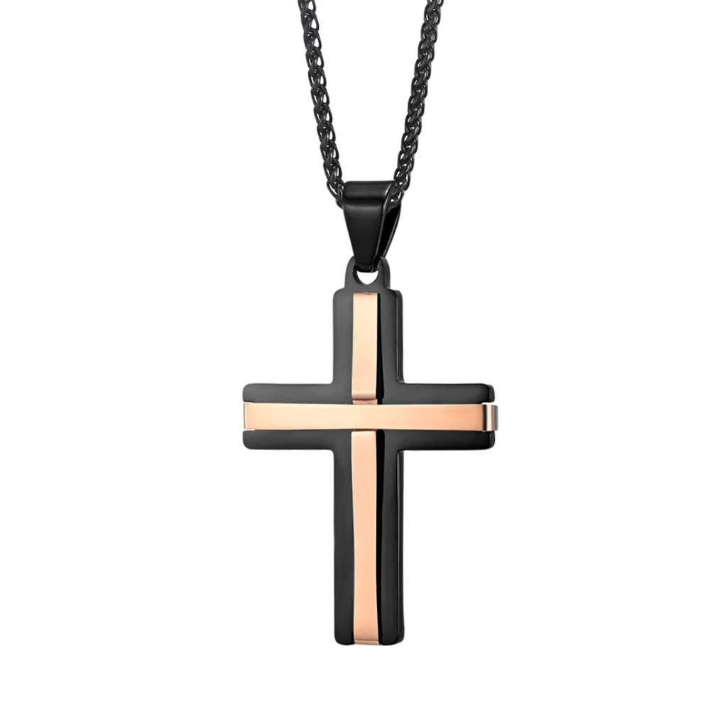 1078 Double-Layer Cross Pendant – Black & Gold Stainless Steel