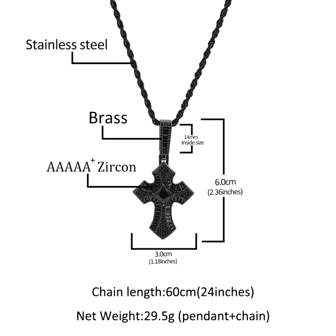 1035 HQ Iced Black Cross 5A CZ Pendant – Brass
