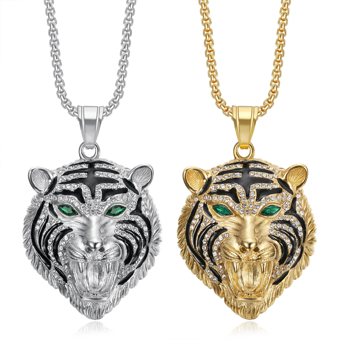 1067 Rhinestone Tiger Head Pendant – Silver-Tone Stainless Steel