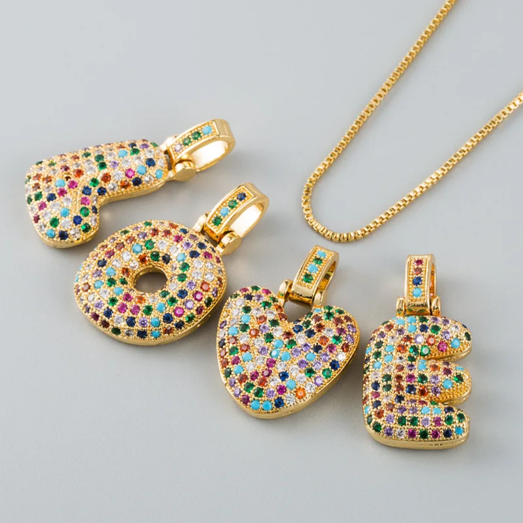 1151 |O| Copper Iced Out Multicolor CZ Bubble Initial Letter J Pendant | 18K Gold-Plated