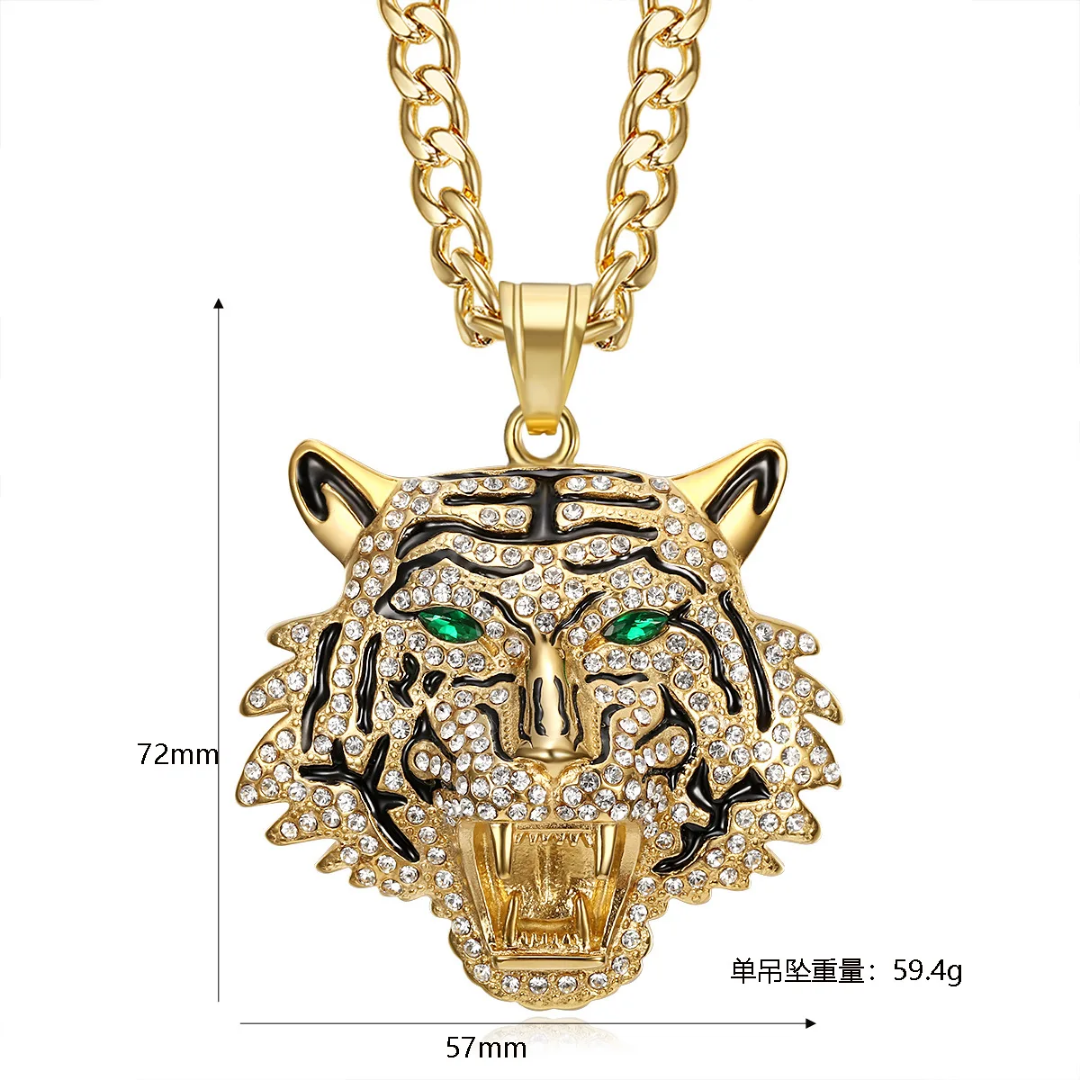 1076 Tiger Head Rhinestone Pendant – Stainless Steel – Blue Eyes