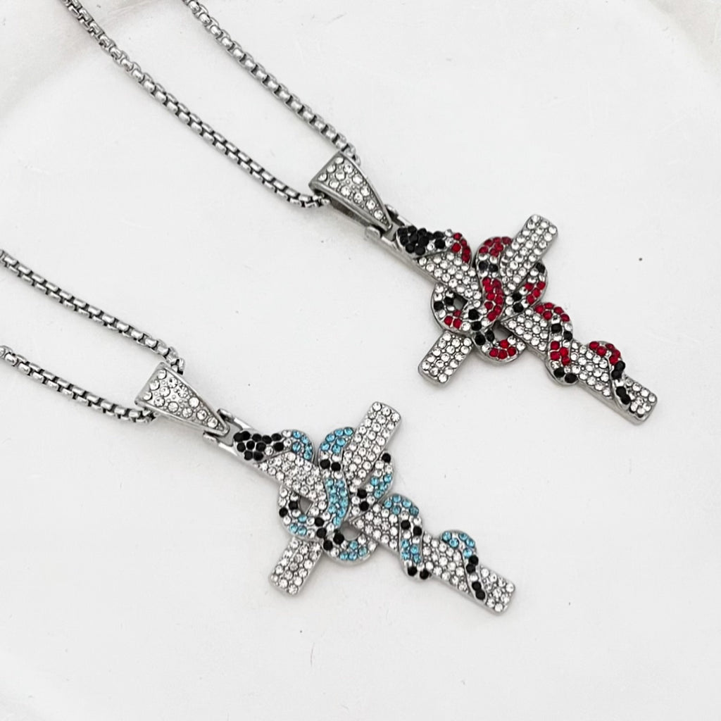 1025 Red Iced Snake Cross Pendant – Silver Tone Stainless Steel