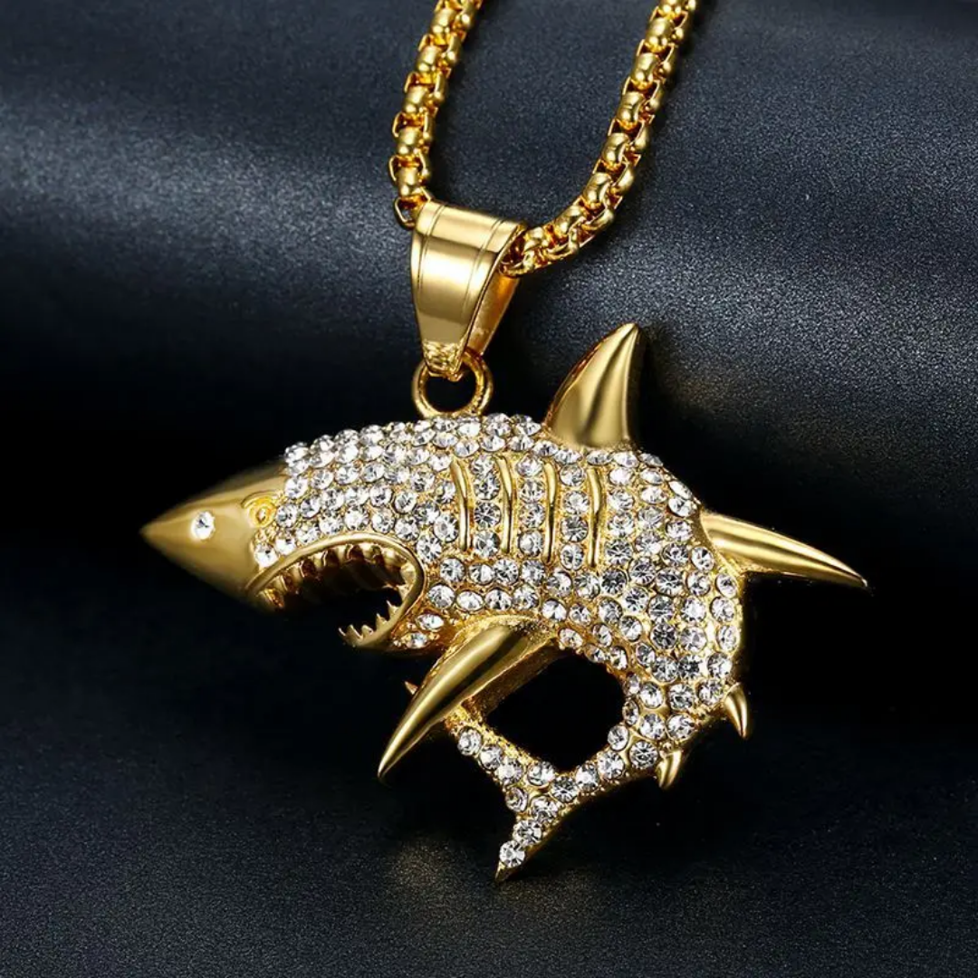 1103 Gold-Plated Stainless Steel Shark Pendant with Rhinestones – Unisex