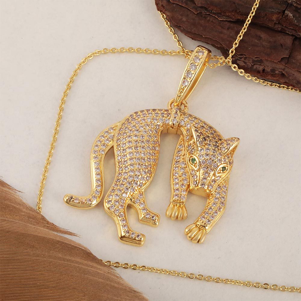 1098 Gold-Plated Leopard CZ Pendant – Brass, Unisex